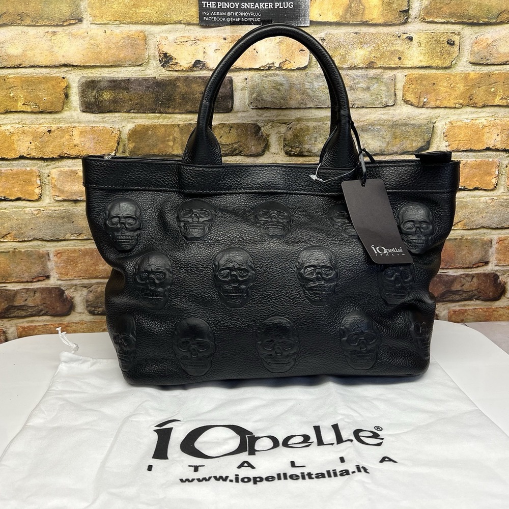 NEW IO PELLE Italy Large 3D Skull Leather Crossbody Handle Tote Bag Black